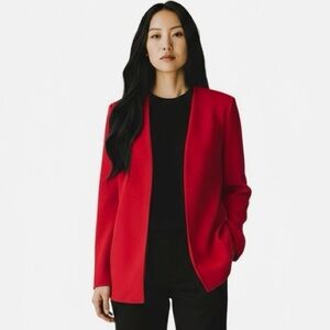 Linda Allard Ellen Tracy Red Wool Long-Line Open Blazer Cardigan Jacket